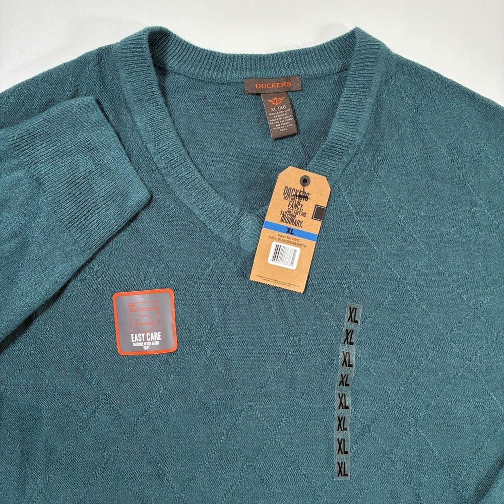 NEW Dockers Sweater XL Teal Blue V Neck Knit Argyle Casual Grandpa Old Money NWT